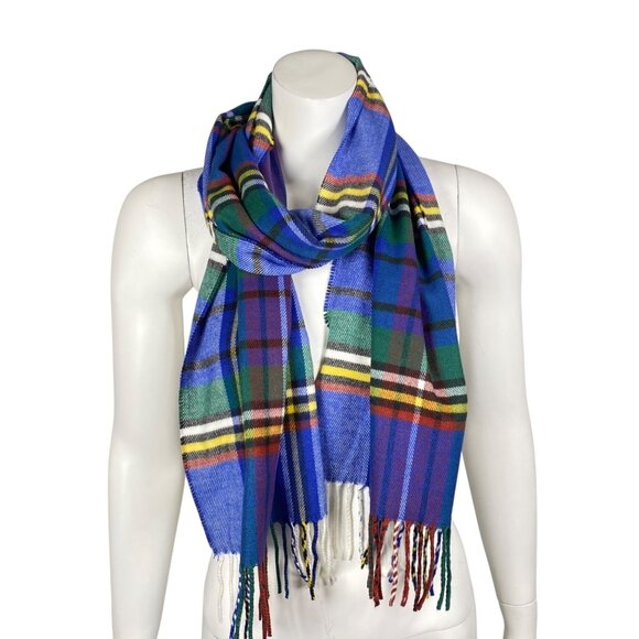 Scarf 100% Cashmere Blue Red Green Plaid Fringe Rectangular  Made In England - Picture 1 of 4